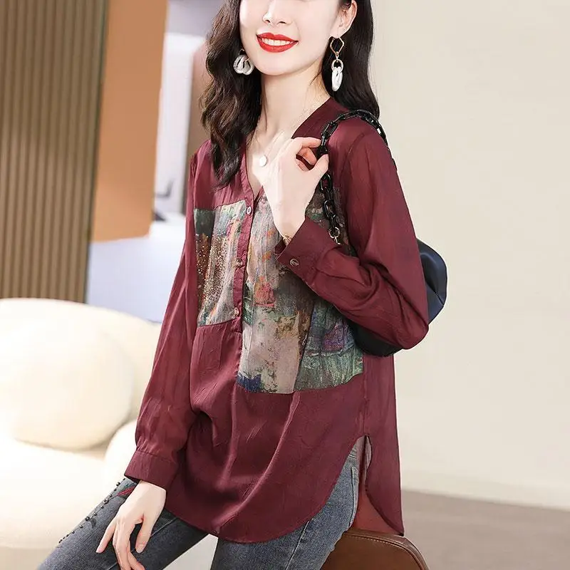 Summer New Fashion Printed Spliced V-Neck Button Shirt 2023 Women\'s Clothing Casual All-match Long Sleeve Thin Blouse Female