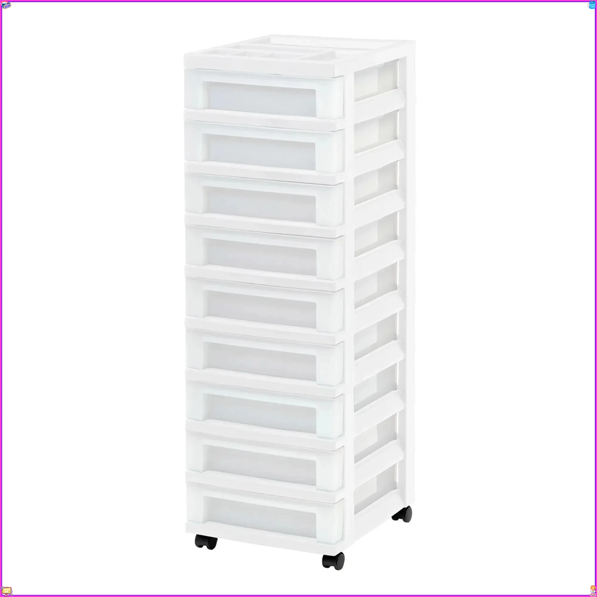 

Narrow plastic storage drawer cart with organizers, white, smooth-gliding casters for easy mobility