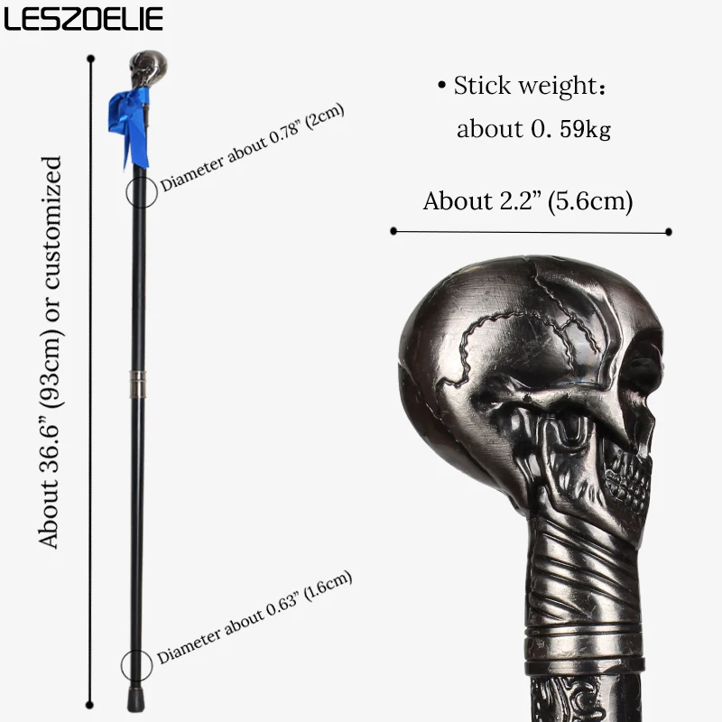 Steampunk-Gehstock mit Totenkopf-Kopf und königsblauem Band, modischer dekorativer Halloween-Cosplay-Stab für Damen und Herren