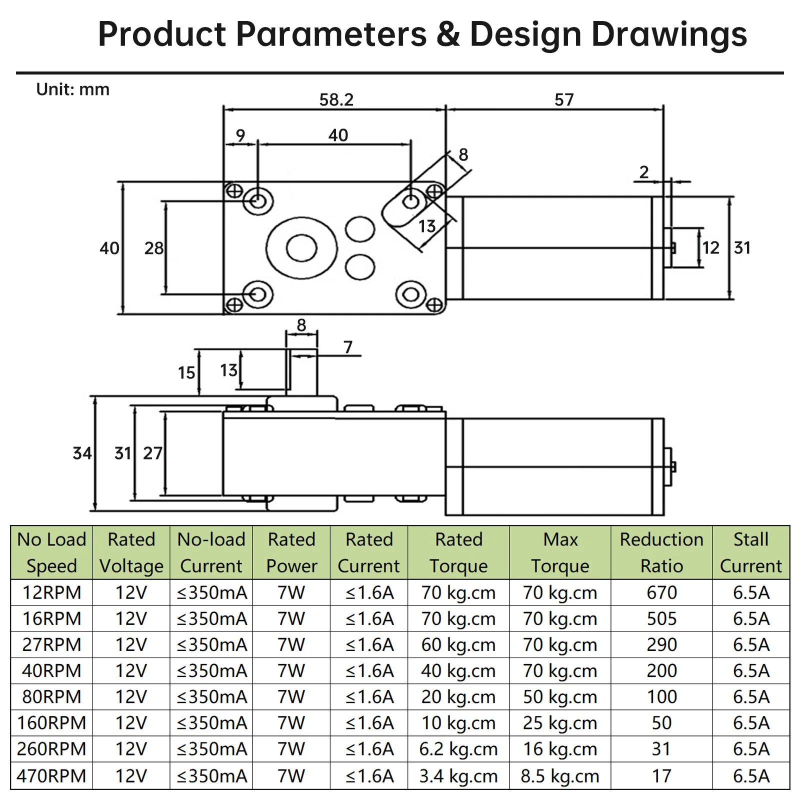 5840-31ZY DC Worm Gear Motor 12V 12-470RPM Self-Locking Reversed Turbine Electric Gearbox Motor Permanent Magnet Reduction Motor