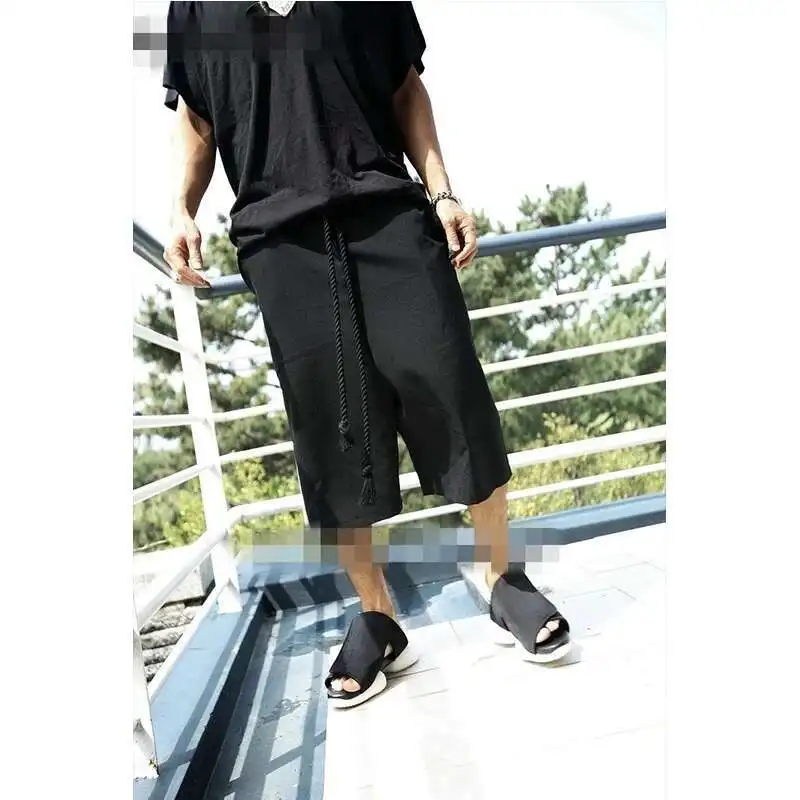 New Solid Lace Trend Wide Loose Men's Up Color 7-Point Leg Summer Black Youth Skirt Pants Horn