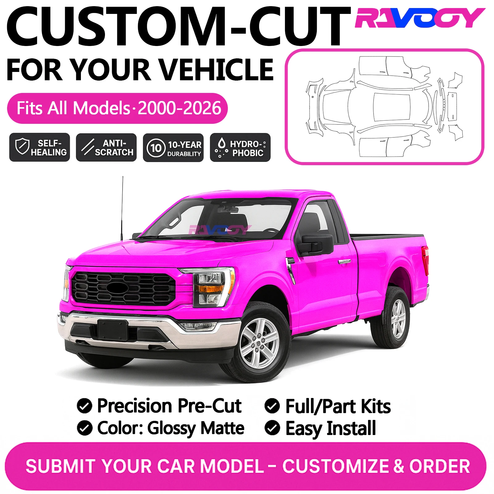 

Изготовленный на заказ комплект PPF для Ford F-150 F-250 Ranger Maverick 2024 2025 2026, защитная пленка для краски, глянцевая матовая полная передняя часть автомобиля, комплект