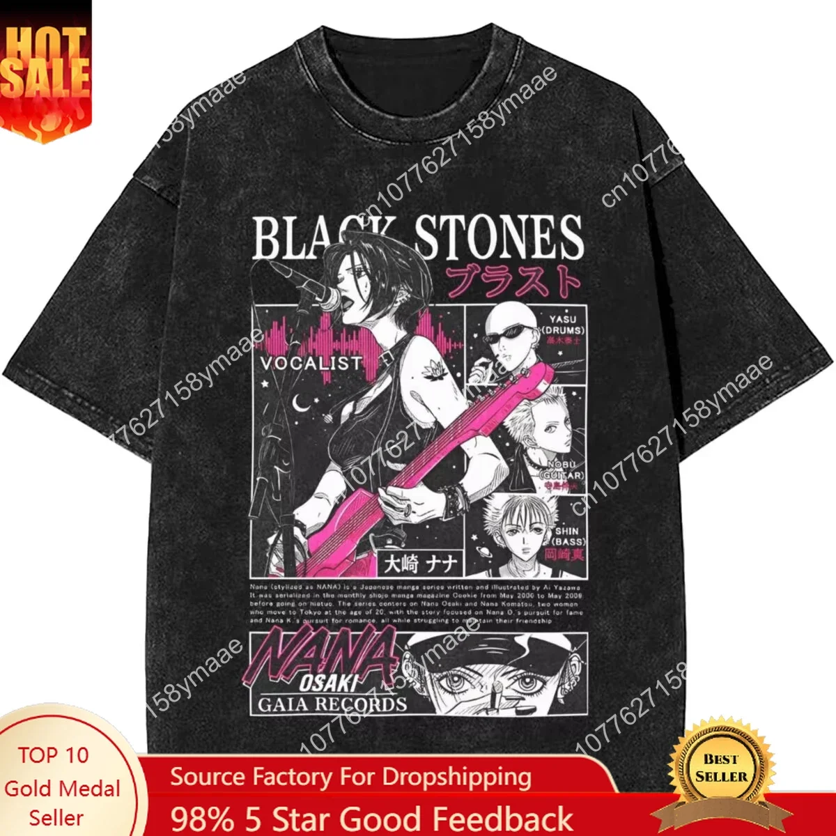 Men's Women Manga Black Stones Nana Vintage Washed T Shirts Trendy Tee Couple Summer Aesthetic Casual Clothing Hip Hop Oversized