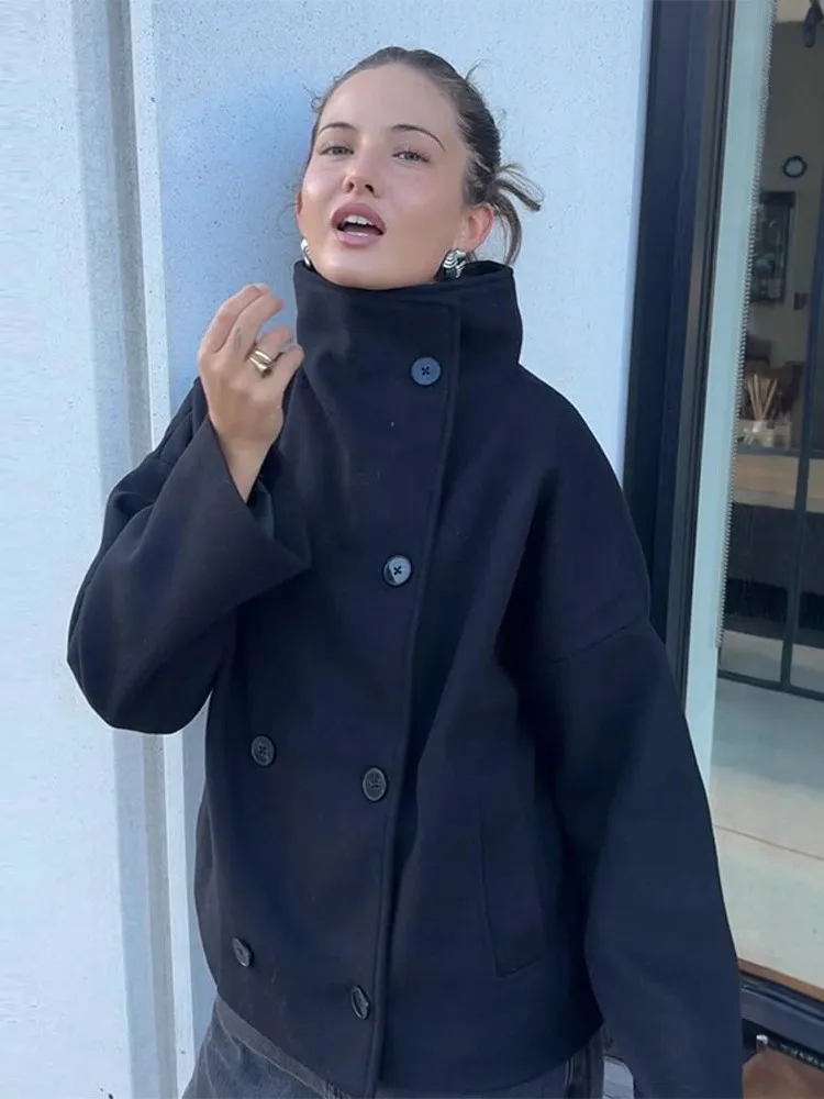 

Elegant Coat Women High Stand Collar Double Breasted Solid Loose Coat Female 2025 New Autumn Fashion High Street Office Lady Top