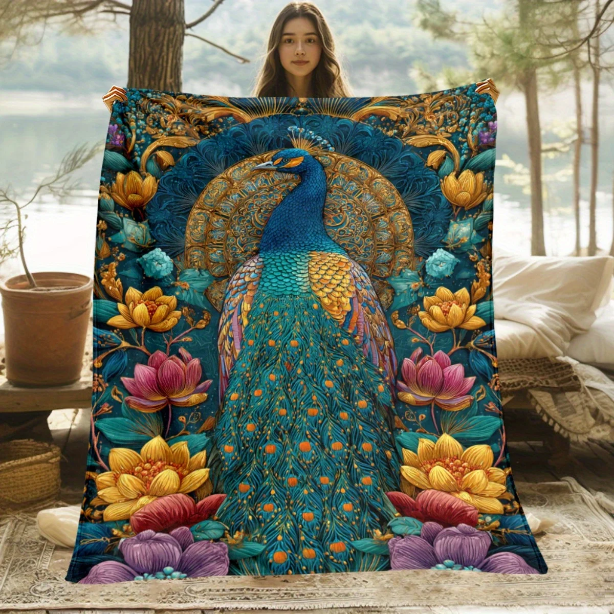 Luxurious Peacock Floral Print Throw Blanket Boho Sofa Cover  Decorative Couch Accent 150x230cm Home Decor