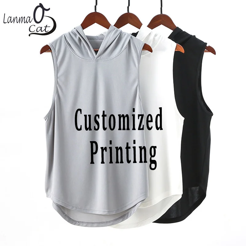 Custom Printed Sleeveless Hoodie Tank Top Sports Gym Clothing Summer Hoodies Cool Vest Personal Printed Clothing