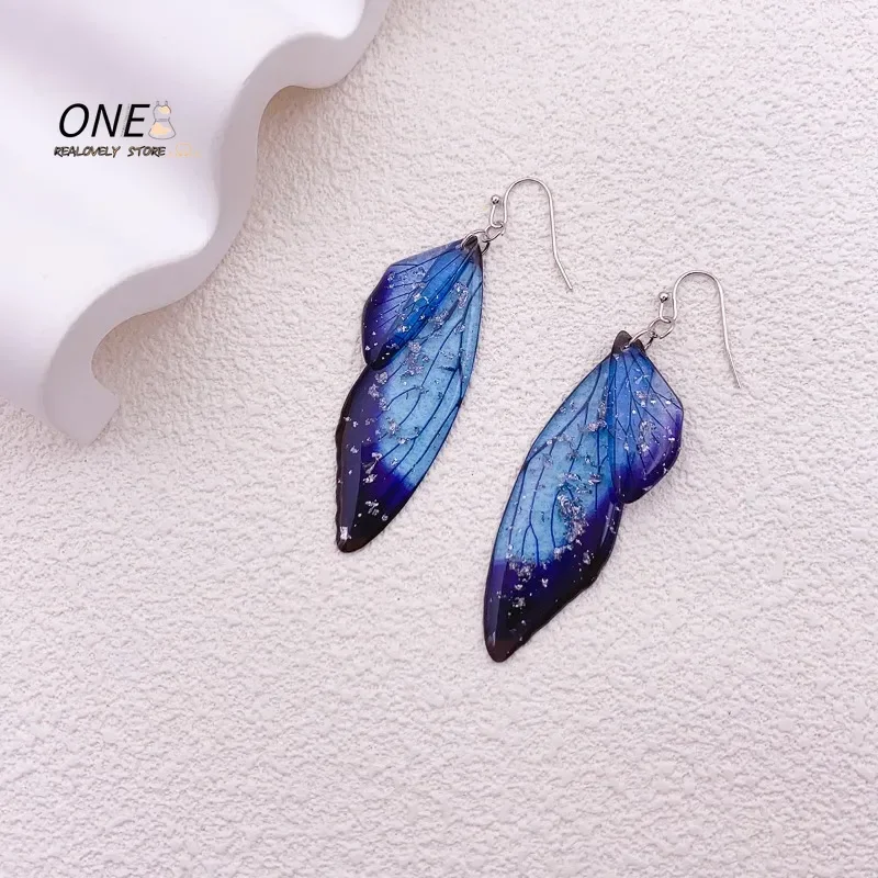 Minar Fairy Clear Gradient Resin Simulation Wings Butterfly Rhinestone Flake Long Dangle Earrings for Women Casual Party Jewelry