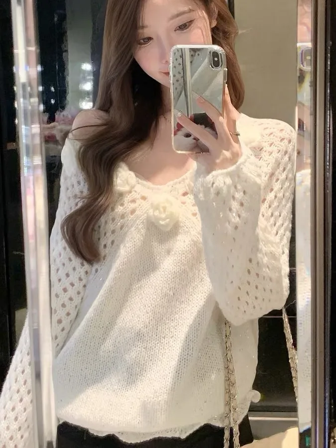 

Милый вязаный свитер с цветочным принтом, женский длинный све, ажурный дизайн, модный осенний топ Ele Classy Sle