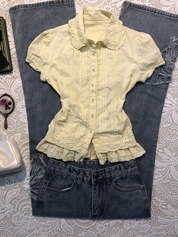 

Желтый кукольный воротник с кружевной отделкой ort Sve irt, женский винтажный летний модный хлопковый воротник на пуговицах стандартной посадки irt