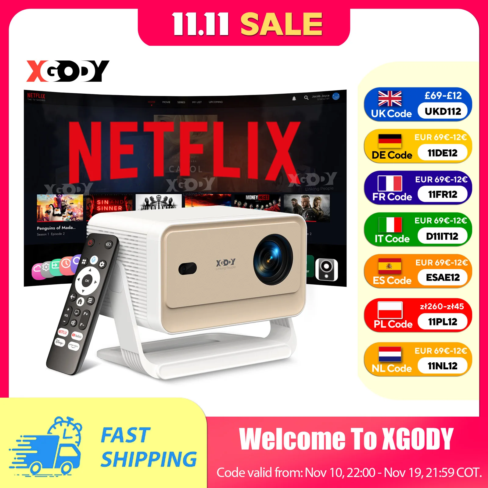 Proyector XGODY N6/N6 Pro Netflix oficial 4K Control de voz Smart Android TV Whale OS 8/32GB ROM para cine en casa