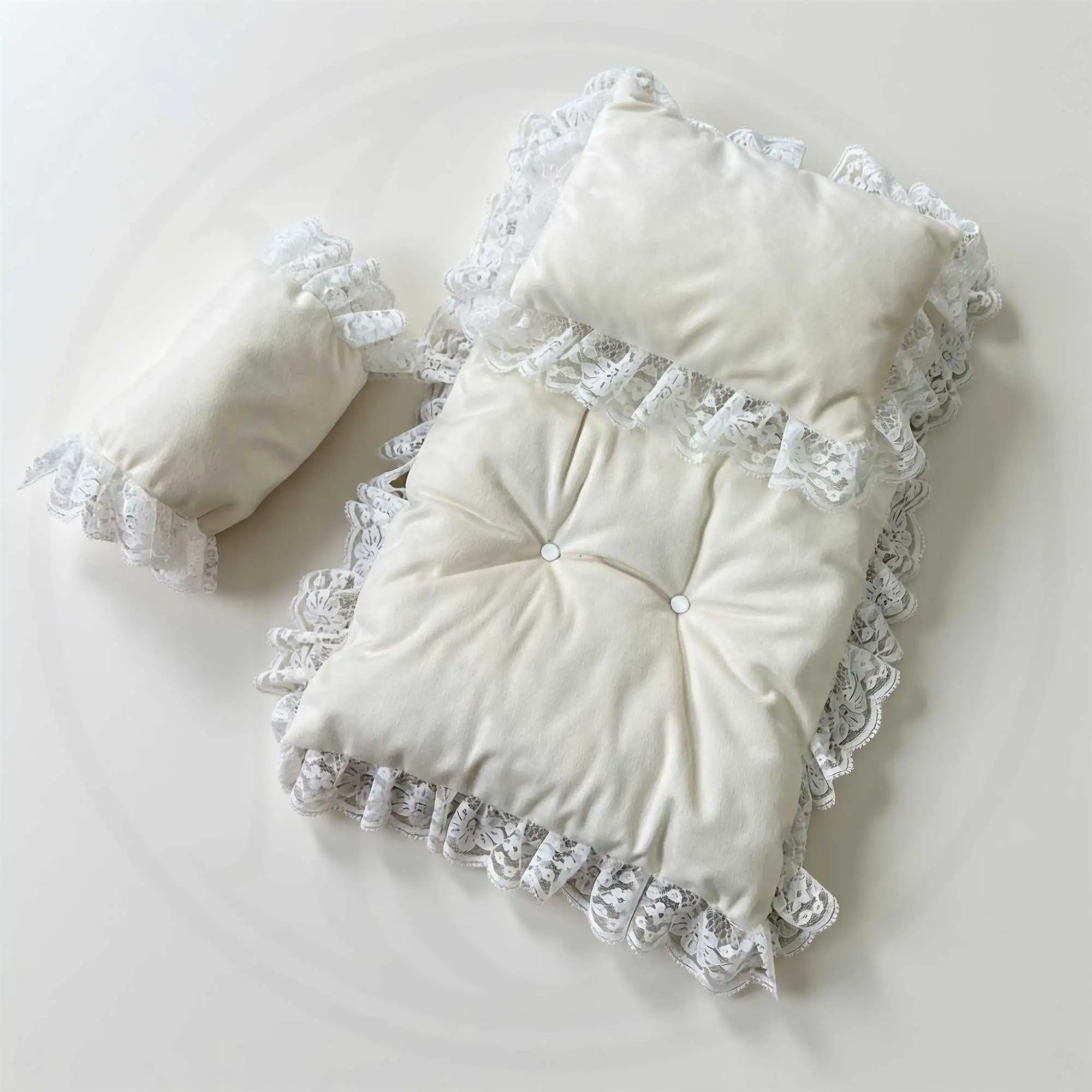 Don&Judy 3-Piece Pearl White Velvet Tufted Lace Trim Posing Cushion and Pillow Set for Newborn Photography Props for Studio
