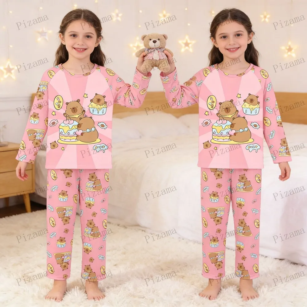 Girls Capybara Home Pajamas Set Spring Autumn Girls Boys Clothes Capibara Kid Nightgown Trousers Children Long Sleeves Pijamas