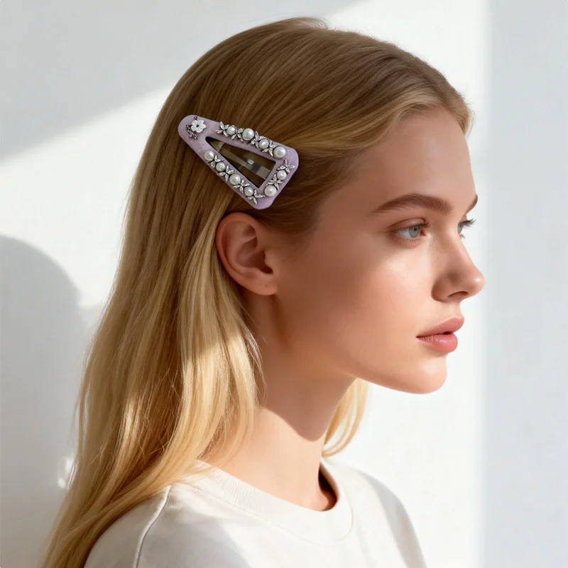 Elegant pearl crystal check hair clip, sweet flower decoration hollow hair clip, college style hair clip suitable,with card.