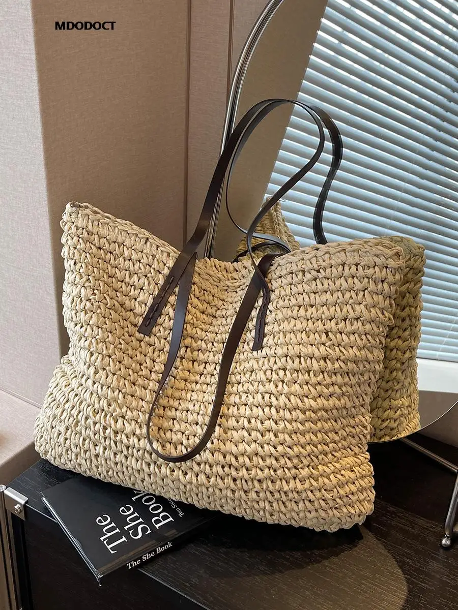 Luxury Design Straw Woven Tote Bags Summer Casual Large Capacity Handbags New Fashion Beach Women Shoulder Simple Style Shopping