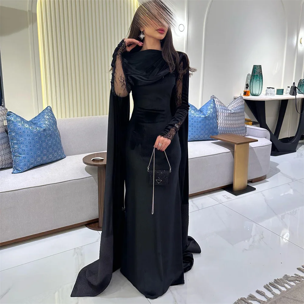 Off-the-shoulder O-Neck Mermaid Prom Dresses Long Lace Sleeves Pleated Corset Evening Gowns Floor-Length Ball Gowns With Shawls