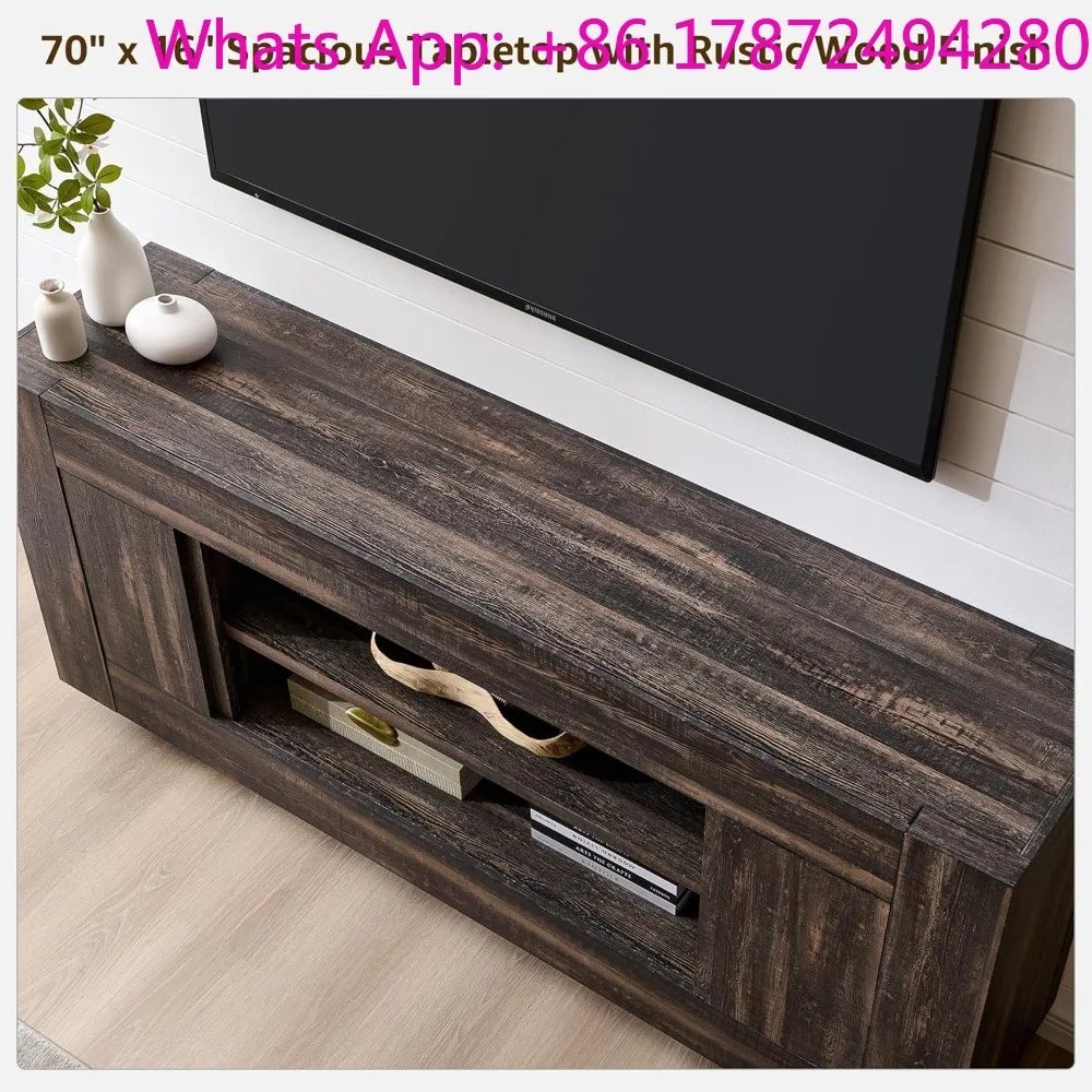 Media Console with Large Open Storage & Side Cabinets