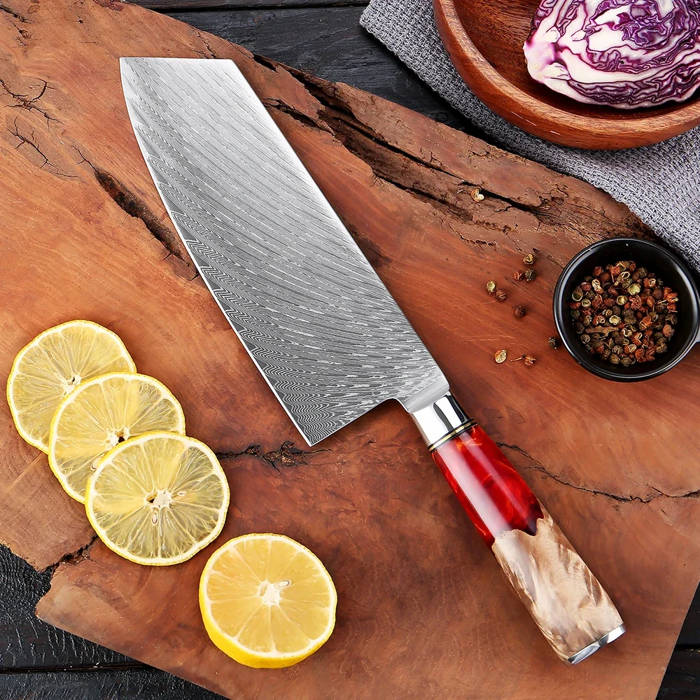 

XITUO Damascus Steel Cleaver Knife 7Inch Multipurpose Chinese Chef Knife Butcher Knife Meat Vegetable Knife Resin Wood Handle
