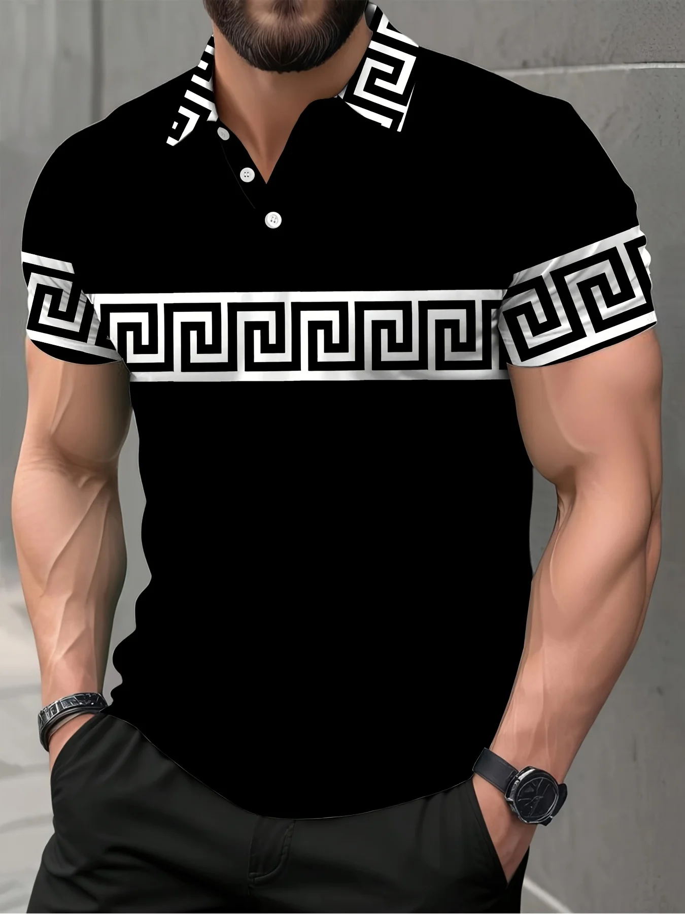 Neues Herren-Kurzarm-POLO-Shirt für den Sommer 2026 mit lässigem, modischem und bequemem 3D-Streifenmuster-Print – Detail 2