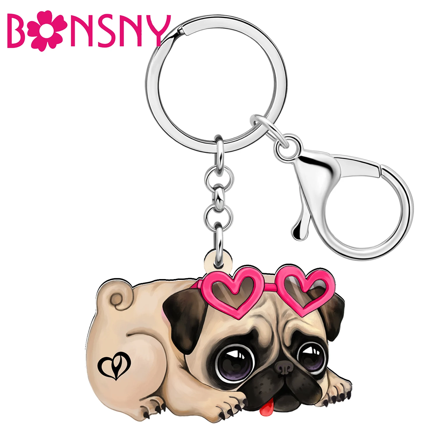 BONSNY Acrylic Big Eyes Pug Dog Key Chains Key Ring For Women Girls Kids Charms Purse Car Keychains Puppy Gifts Accessories