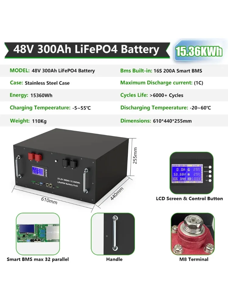 AliExpress LISM LiFePO4 48V 300Ah 200Ah 100Ah Battery Pack 15Kw 6000 Cycle 16S BMS 51.2V RS485/CAN PC Control Off/On