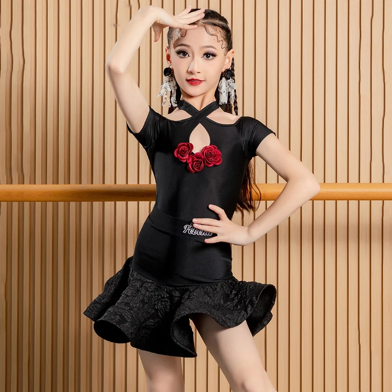 2024 New Latin Dance Performance Dress For Girls Short Sleeved Lace Skirts Suit Chacha Rumba Professional Latin Clothes DN18136