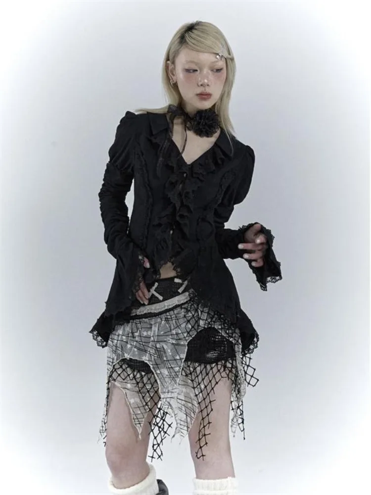 Gothic Black Lace Shirt Dark Aesthetic Irregular Blouses Yamamoto Style Grunge Flare Sleeve V-neck Shirt Vintage Y2k Emo