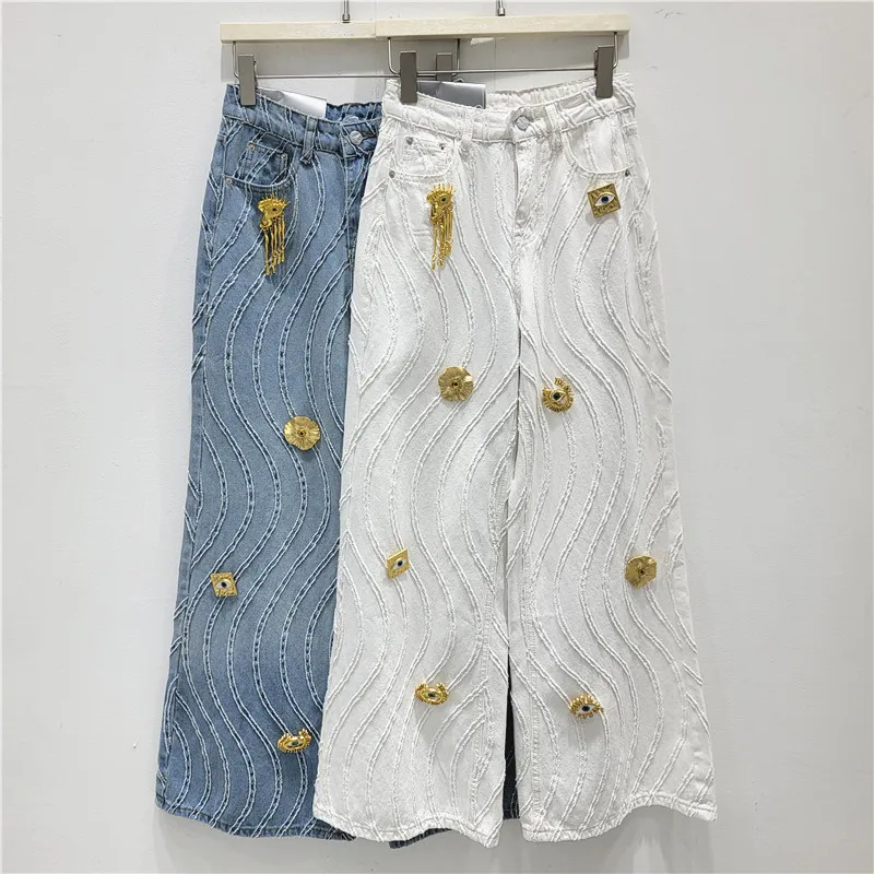 

2026 New Arrival Sense of Design Interesting Metal Wave Raw Edge High Waist Slimming Look Wide Leg Straight-leg Denim Pants