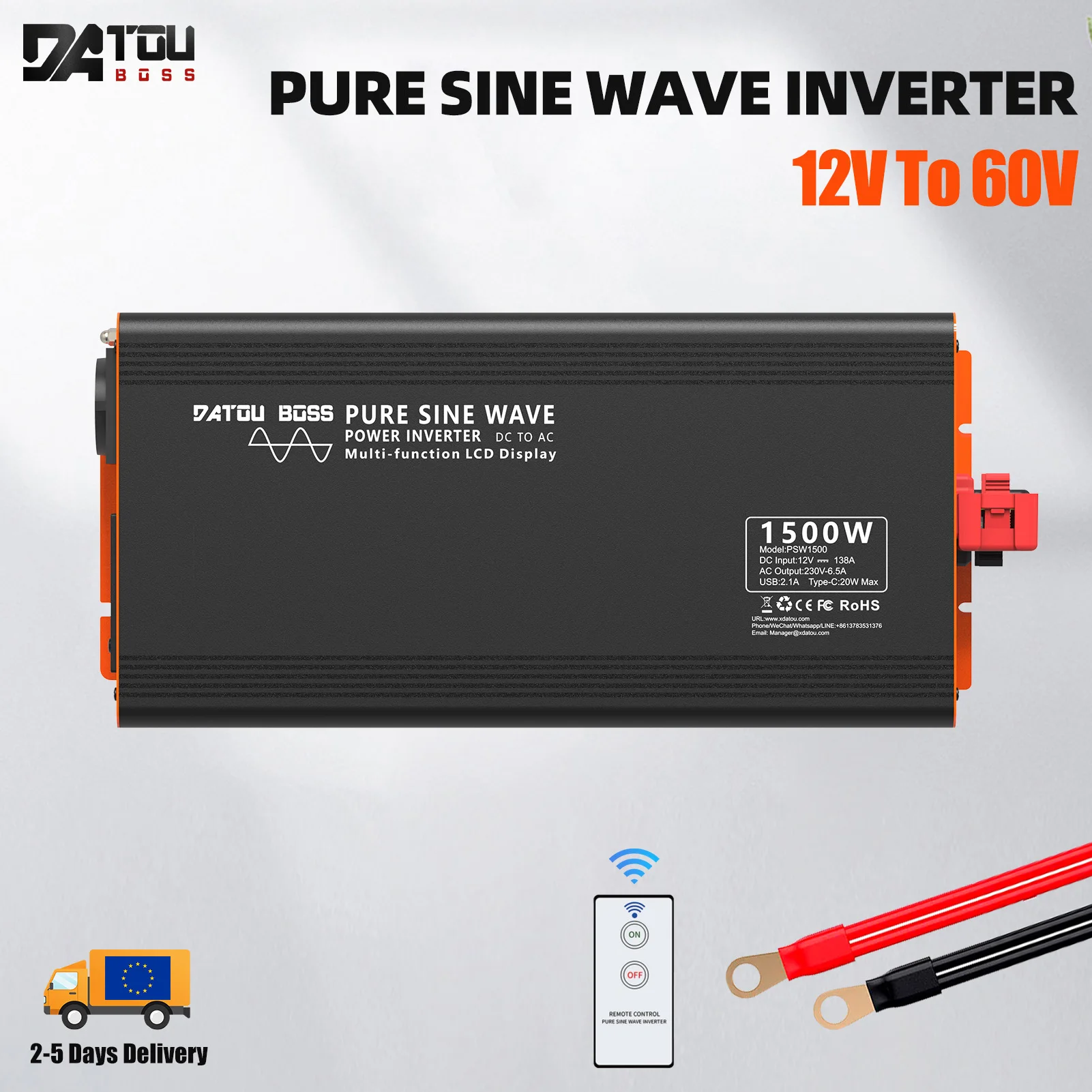 DATOUBOSS PSW-1500W Sine Wave Inverter DC To AC Solar Power Converter Portable USB Charger LCD Display Voltage Inverter