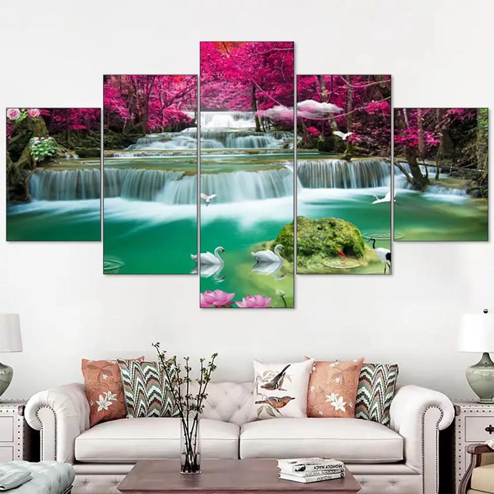 Pittura diamante multi-pannello Novità completa Cigni cascata Immagine diamante ricamo set da 5 pezzi mosaico puzzle paesaggio,