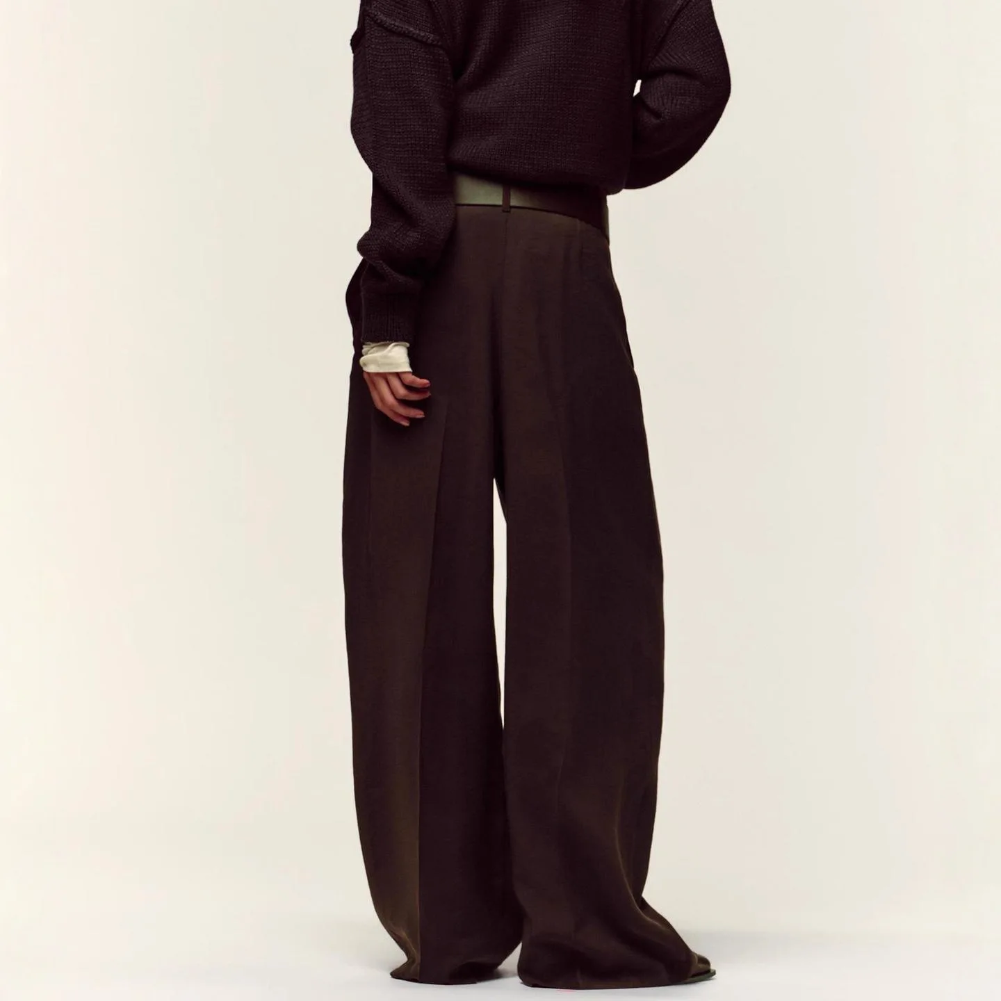 Fashionable Women's Brown Wide Leg Straight Cut Trousers with Belt Artistic Style Casual Pants Organic Cotton Universal Fit