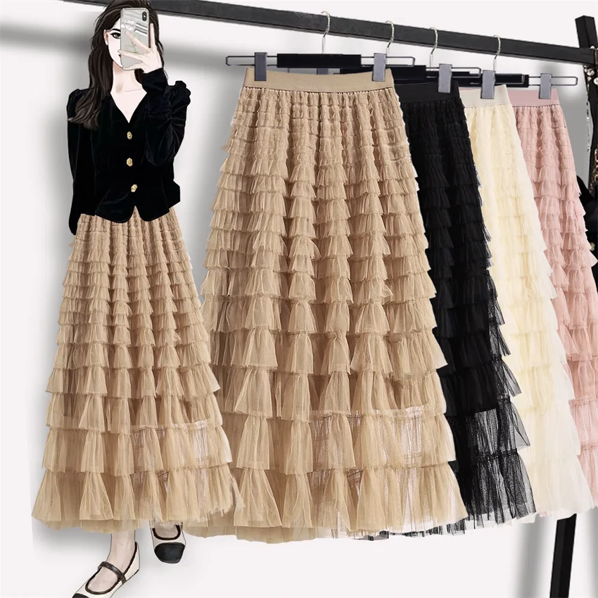 Gowyimmes 2025 New Spring Summer Women Midi-Long Pleated Mesh Skirt Fashion Girl Elastic Waist A-line Cake Skirts Fairy PD1767