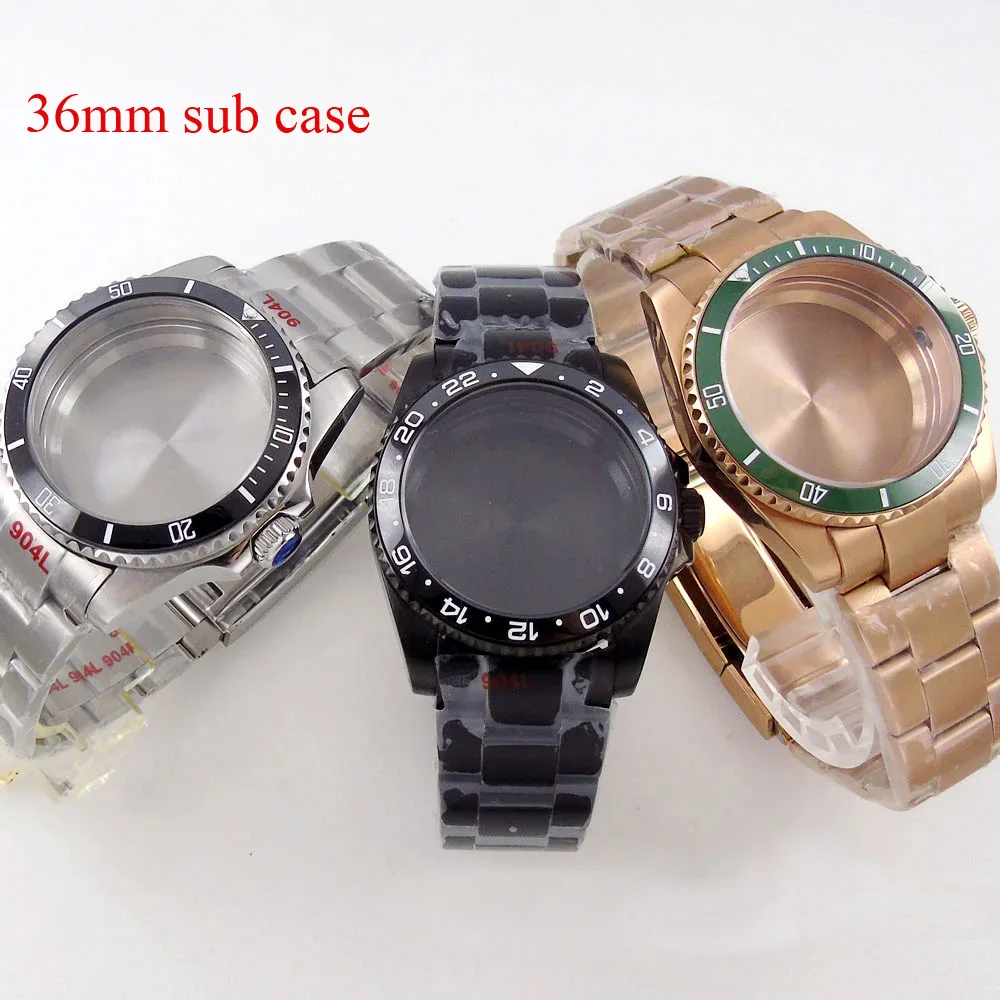

36mm Watch Case fit NH35 NH36 ETA 2824 PT5000 NH34 GMT Steel Bracelet Rose Gold PVD Unidirectional Bezel Sapphire for SUB Case