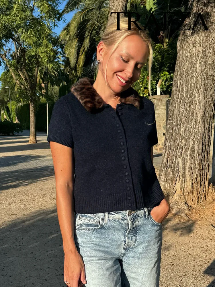 

HH Women Fashion Cardigan Navy Blue Leopard Print Turn-Down Collar Short Sleeve Single-Breasted Female Autumn Casual Tops