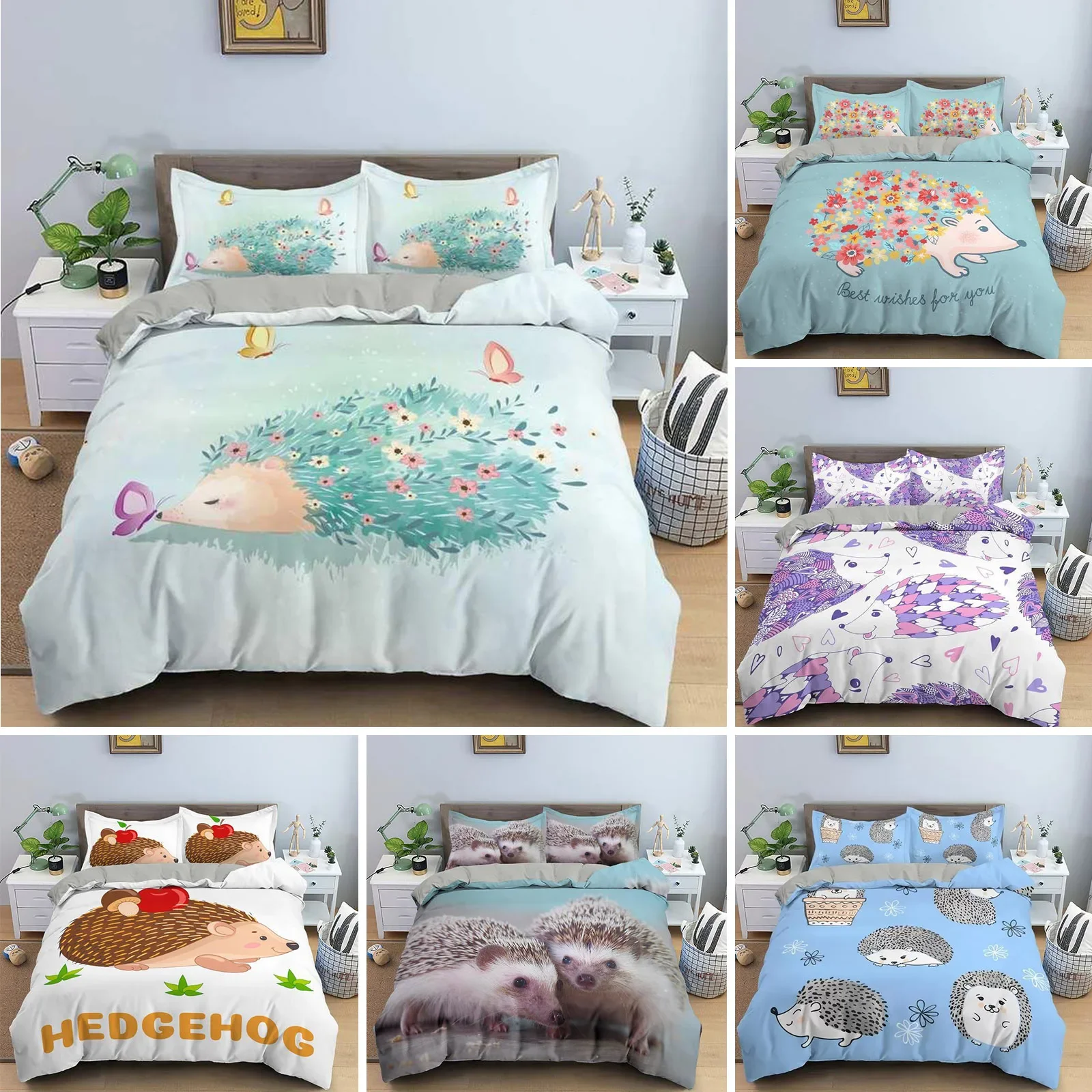 

Hedgehog Duvet Cover Set 3D Cartoon Hedgehog Flower 2/3PCS Bedding Set Kids Boys Girls Animal Queen Size Polyester Quilt Cover