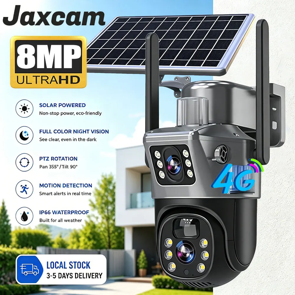 Caméra solaire 4G 8MP à double objectif et double écran, PTZ, suivi automatique, étanche IP66, caméra de surveillance panoramique avec batterie intégrée