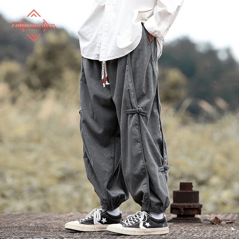 

Новый китайский стиль Hanfu грузовые брюки мужчина открытый дизайн пряжки стерео клип японские повседневные брюки эластичные талии хален брюки