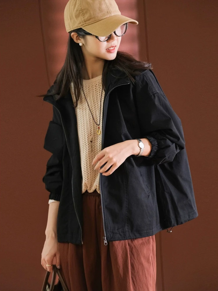 

​ Стильная женская открытая парка с регулируемым капюшоном и длинными рукавами на шнурке, свободное вязаное пальто на весну и осень ​