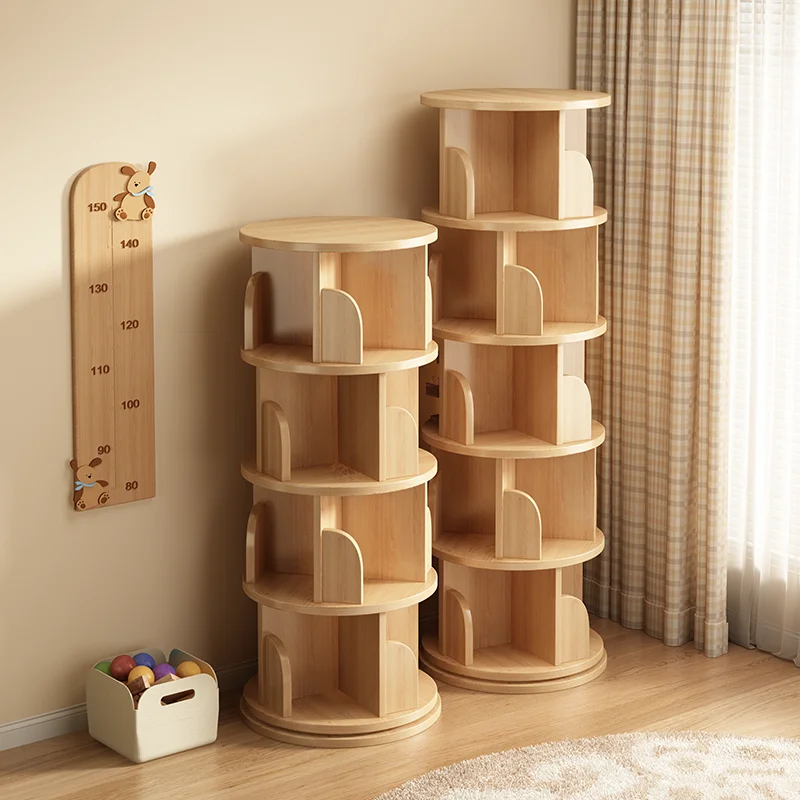 

Solid wood rotating bookshelf circular floor shelf living room vertical reading picture book shelf display