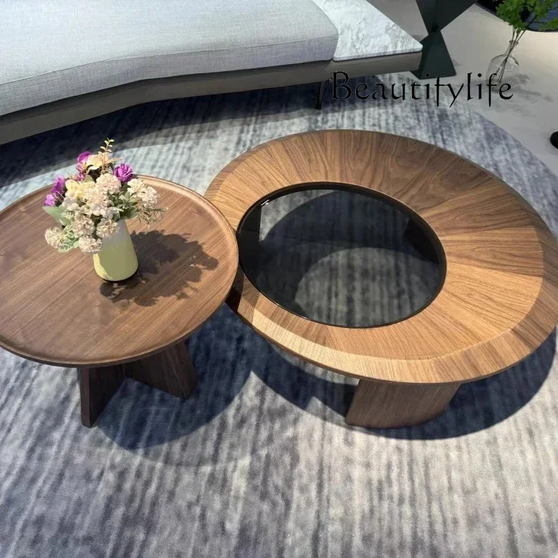 โต๊ะกาแฟไม้เนื้อแข็งสไตล์วินเทจพร้อมกระจกสำหรับห้องนั่งเล่น ดีไซน์วงกลมสองชั้นที่เป็นเอกลักษณ์ โต๊ะกาแฟทันสมัย