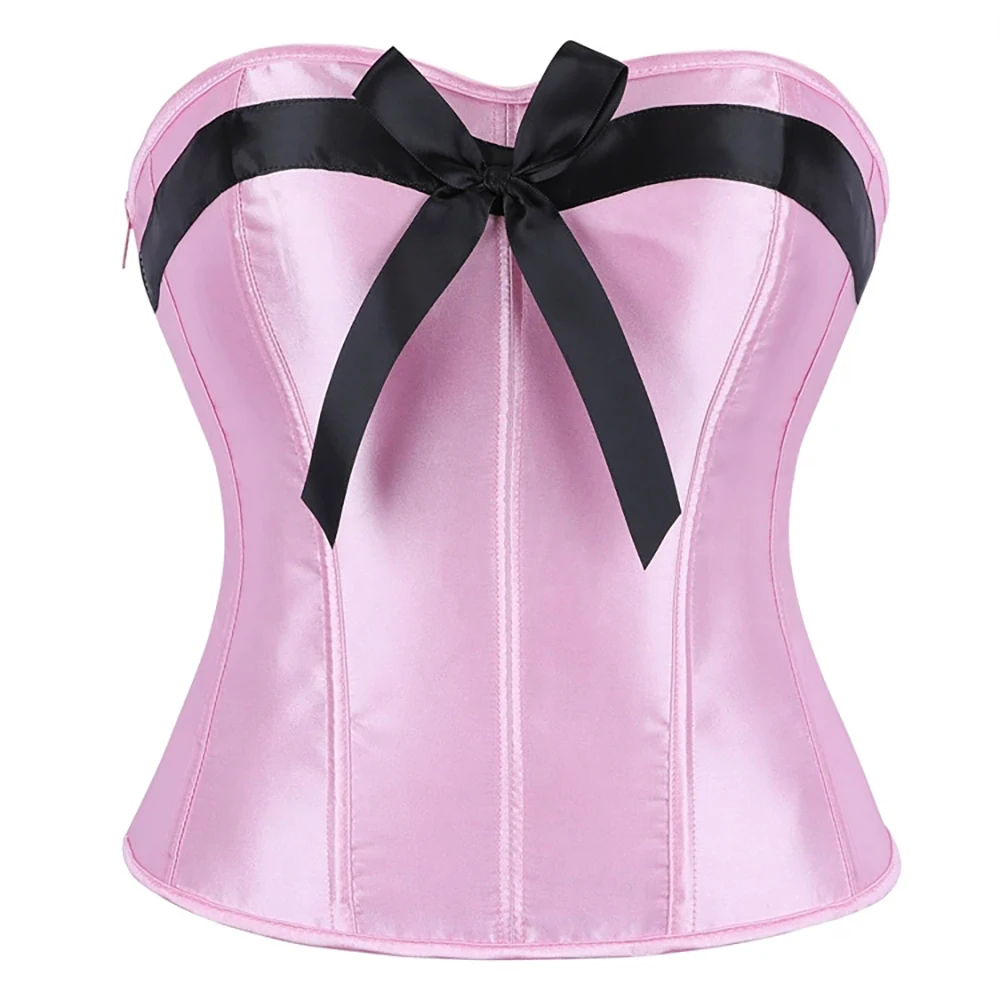

New Pink Satin Strapless Corset Top Slim Bustier with Side Zipper and Fishbone Bow Slim Fit Waist Cinching for Women Shapewear