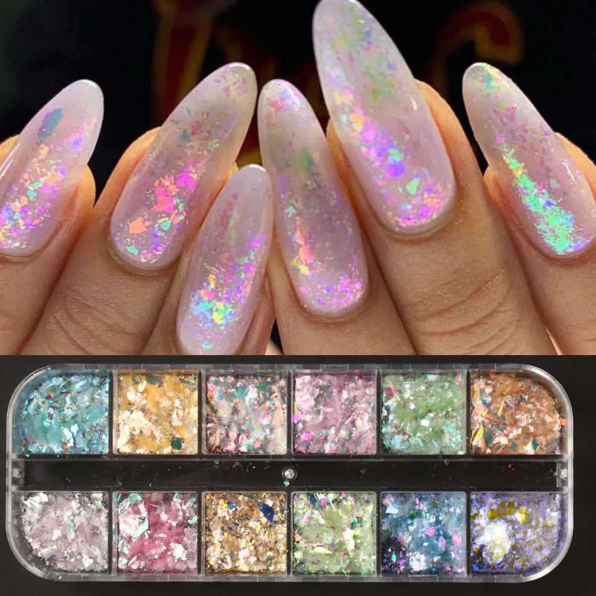 12er-Set Aurora Opal Flocken Nagelpailletten Traumhafte Meerjungfrauen-Farbige Nagelglitzer Flocken Holografische Glitzerpailletten für Maniküre