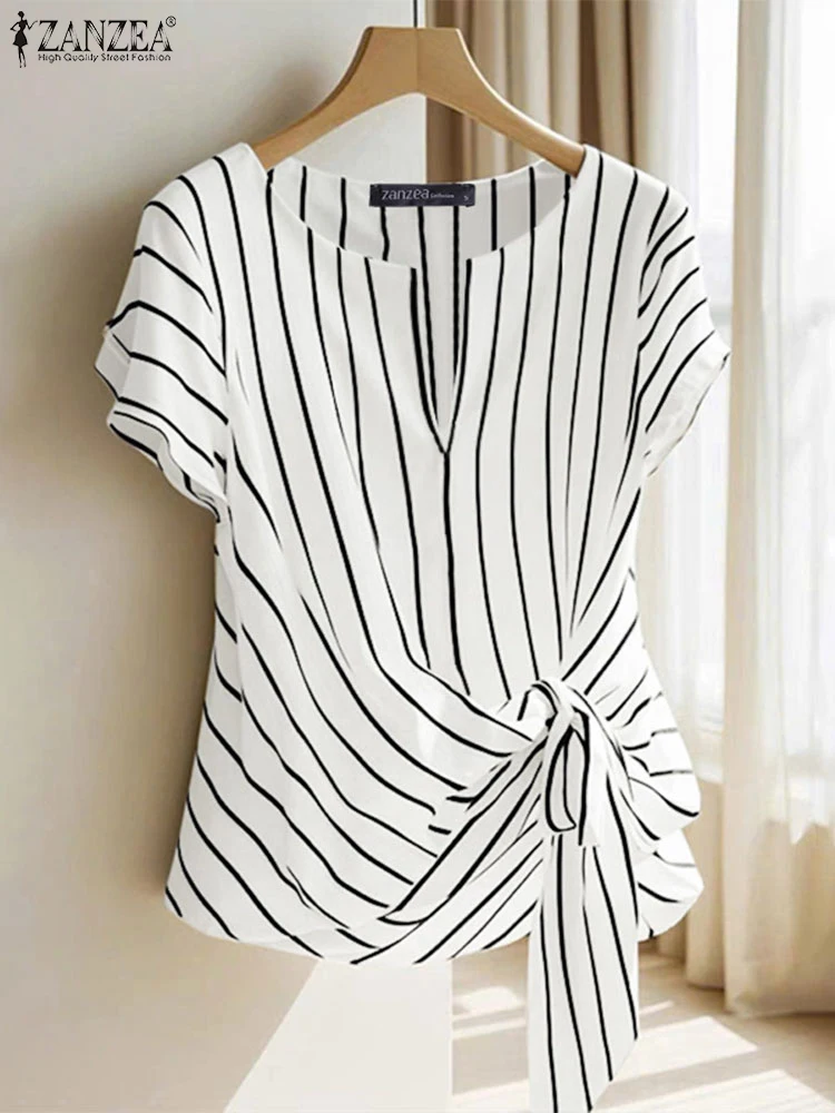 Blusa a rayas a la moda 2025 ZANZEA, Tops de manga corta con cuello de pico para mujer, Camisa OL de trabajo elegante, Blusas holgadas informales, camisa femenina