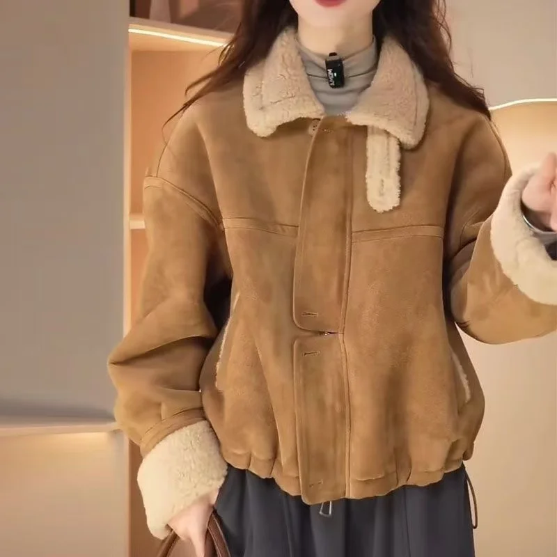 Damen-Ort-Thiened-Fce-Jacke aus gefüttertem Wildleder mit Fellbesatz, lässig, Herbst-Winter, neue Mode, schlichtes Oberteil