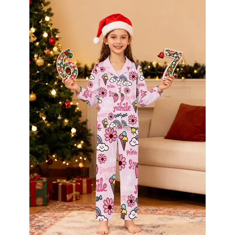 Girls Cute Carrot Bee Cat Dog Rainbow Ice Cream Print Pajama Set Long Sleeve Nightwear, Perfect Gift for Birthday and Xmas