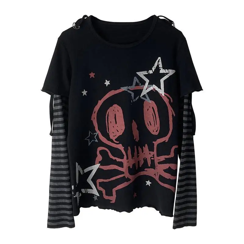 KOSAHIKI Japanese Y2k Aesthetic Long Sleeve Graphic T Shirt Women Kawaii Cartoon Print Ripped Hollow T-shirt Harajuku Grunge Tee