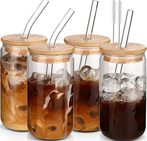 Copos de vidro de 16 onças com tampas e canudos, conjunto de 4 - copos de café gelado de borosilicato, reutilizáveis ​​para casa e acampamento