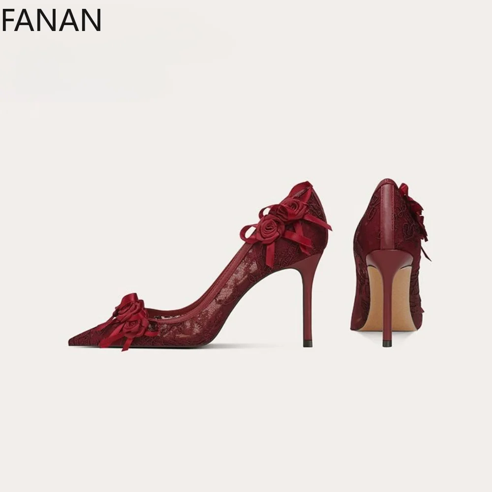 High Heels Shoes Women's Pointed Lace Mesh High Heel Slim Heel Light Mouth Single Shoes Versatile Banquet Wedding Shoe