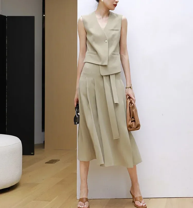 2023 spring and summer new design sense full commuter vest simple skirt mid-length skirt temperament skirt suit