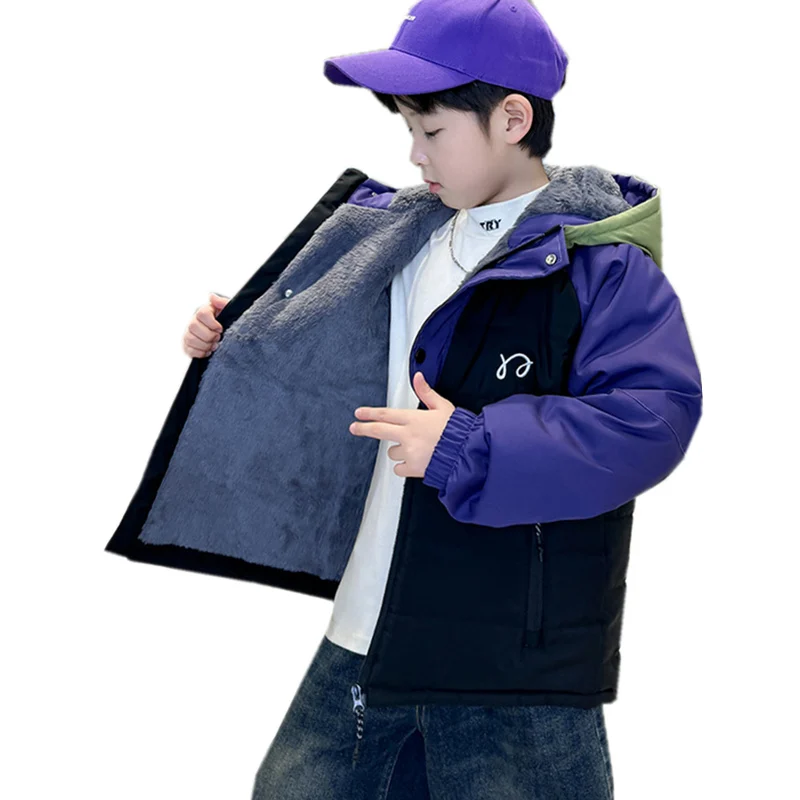 Children's Jackets Winter Parkas for Boys Coats Korean Teen Kids Cotton Velvet Padded High Quality Outerwear Pocket Hooded Coats 