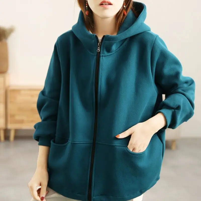 

New Solid Streetwear Loose Sweatshirts Autumn Winter Thick Hooded Pockets Women's Clothing Solid Color Zipper Cotton T620